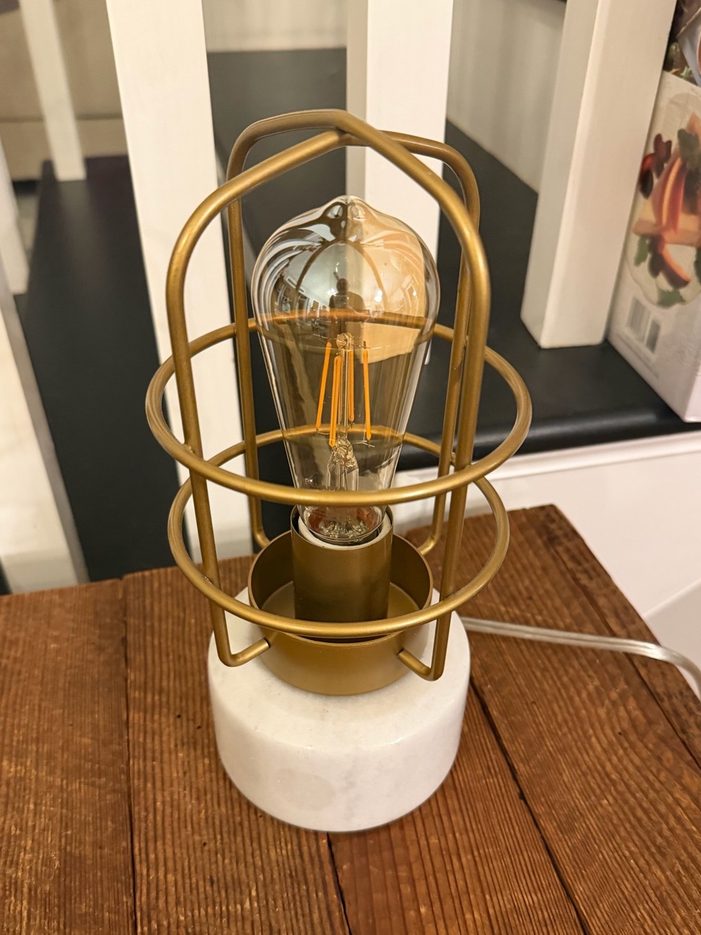 Modern Gold Cage Table Lamp with White Marble Base